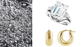 Platinum grain, an on-trend diamond engagement ring, and on-trend gold hoop earrings  