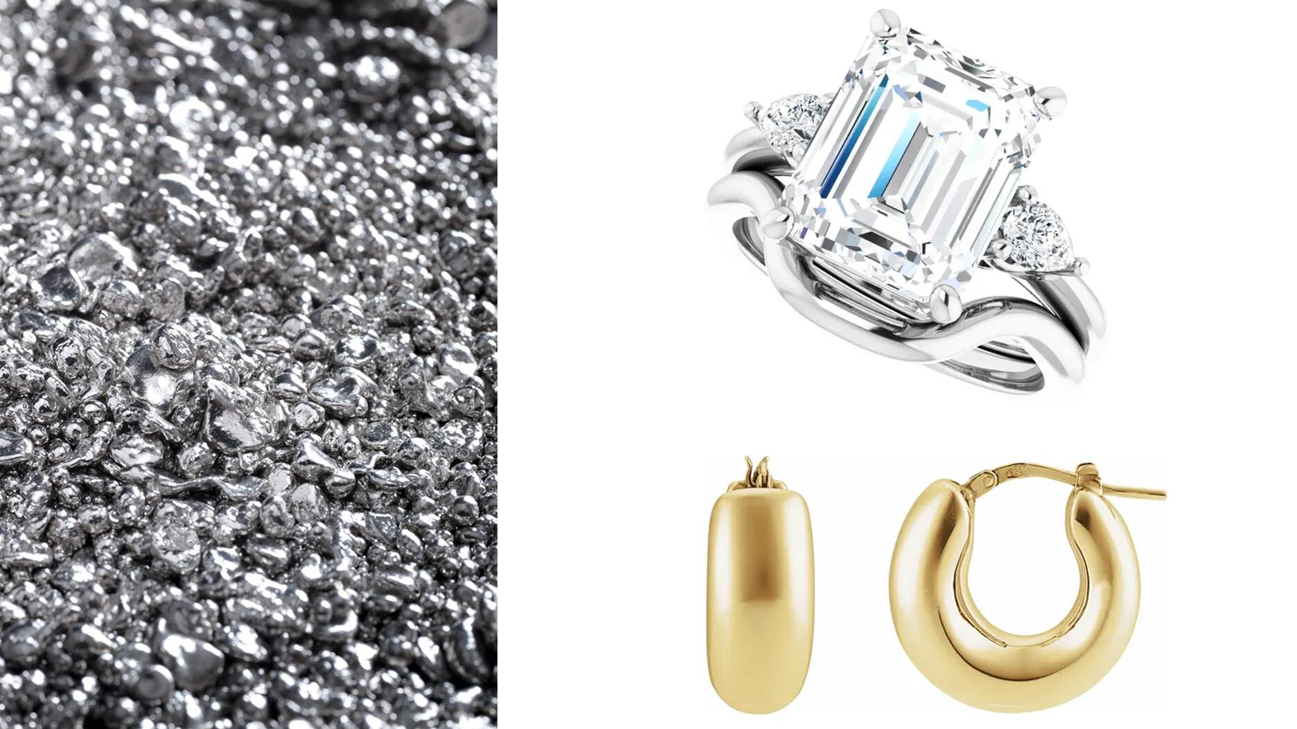 Platinum grain, an on-trend diamond engagement ring, and on-trend gold hoop earrings  