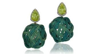 Silvia Furmanovich Bamboo Earrings in 18-karat yellow gold with diamond, peridot and tsavorite 