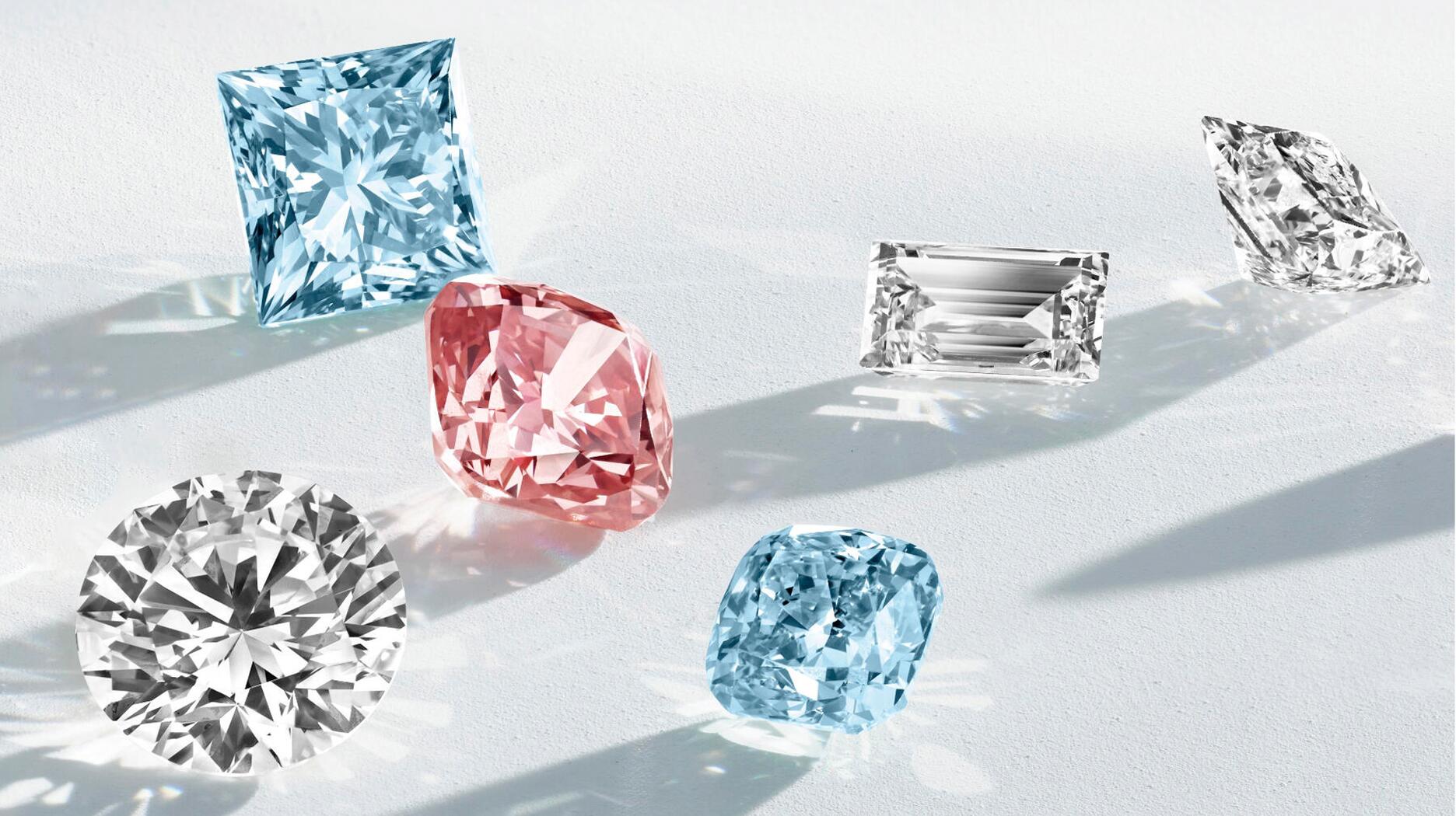 White, pink, and blue lab-grown diamonds from Lightbox 