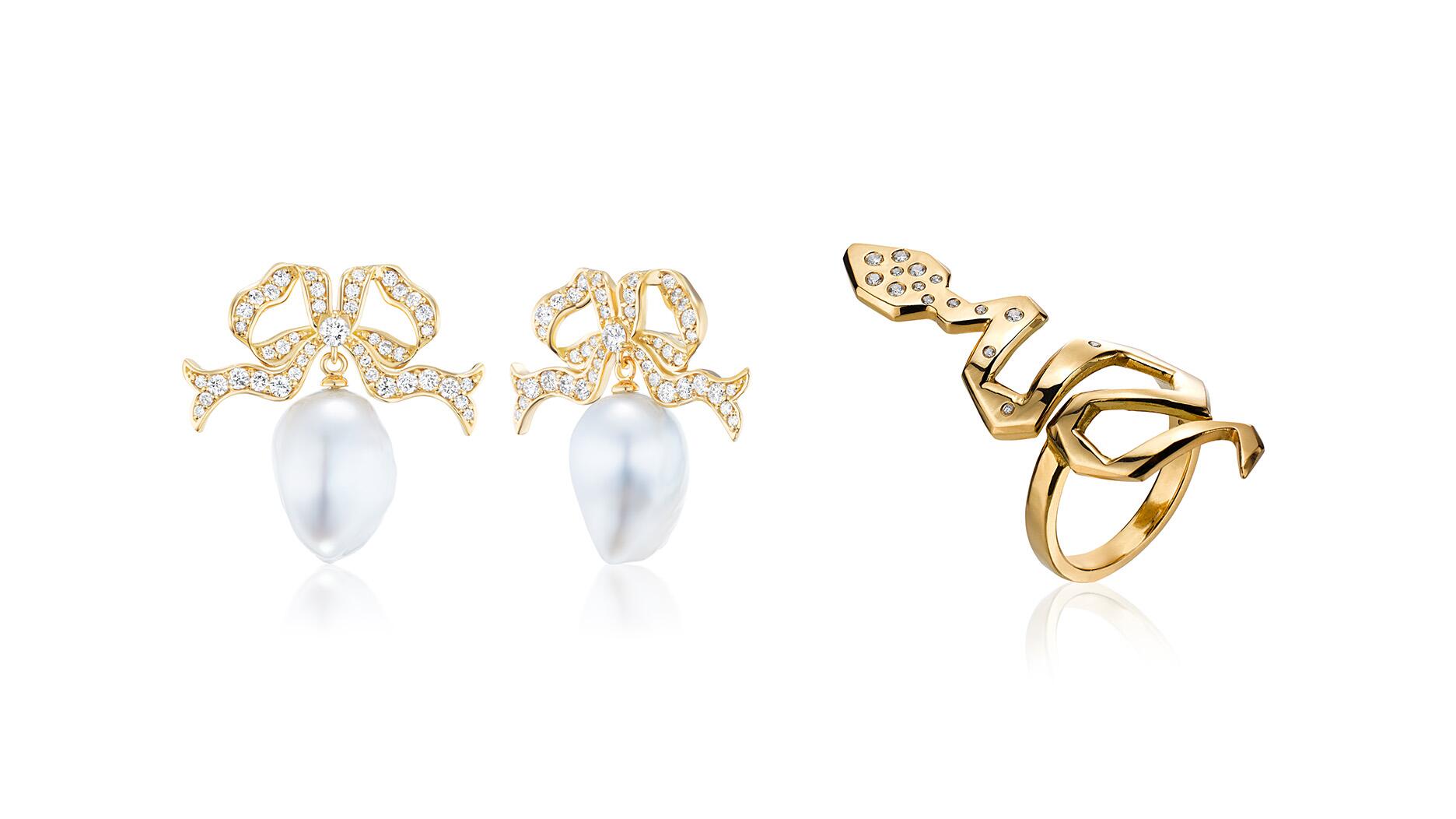 Pavé Drop Bow earrings and Facette Snake diamond ring